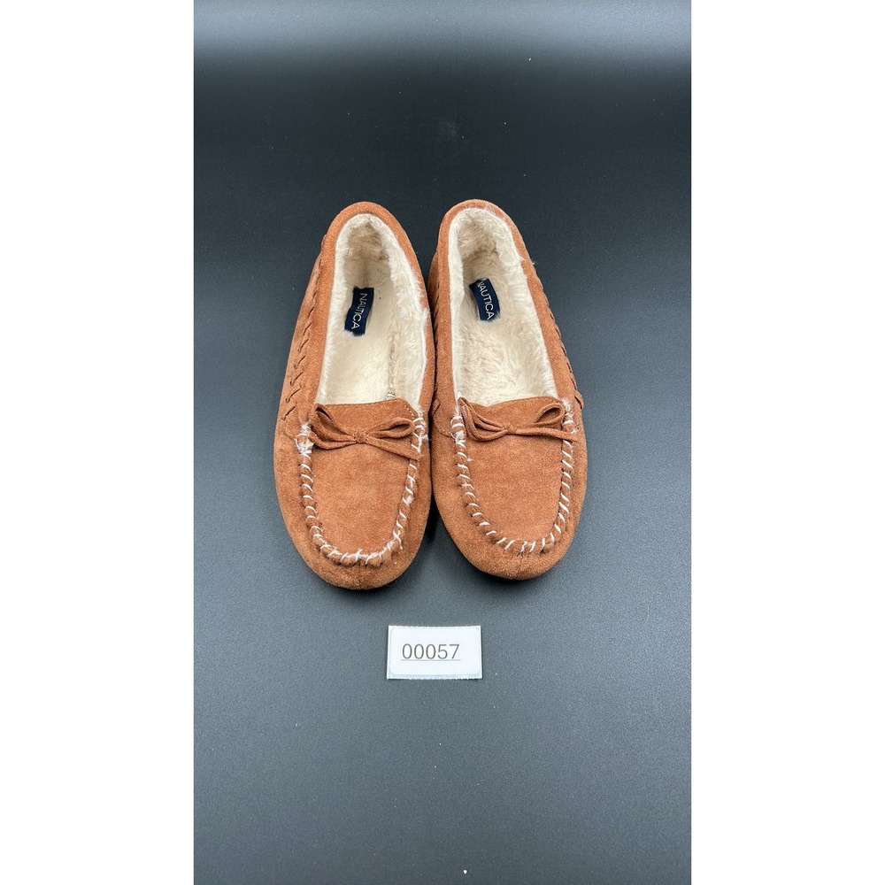 Nautica Womens Suede Moccasin Slippers Faux Fur Lining Tan Brown Size 8